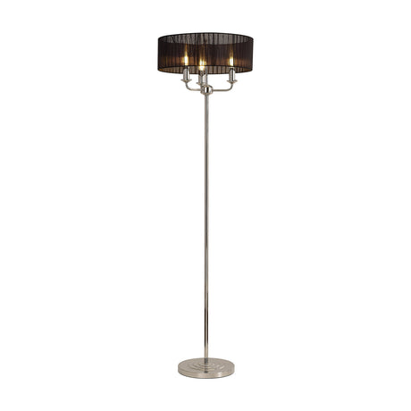 Banyan 3 Light E14 Floor Lamp with a wide black organza drum shade and slim polished nickel stem on a round base, set against a plain white background.