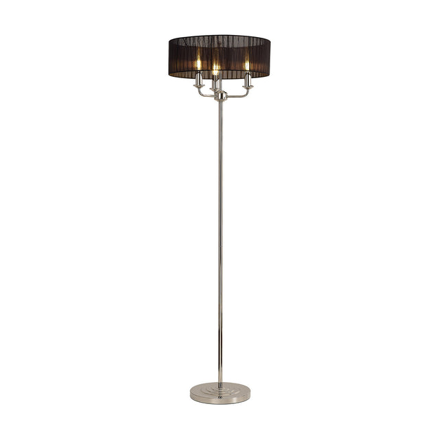 Banyan 3 Light E14 Floor Lamp with a wide black organza drum shade and slim polished nickel stem on a round base, set against a plain white background.