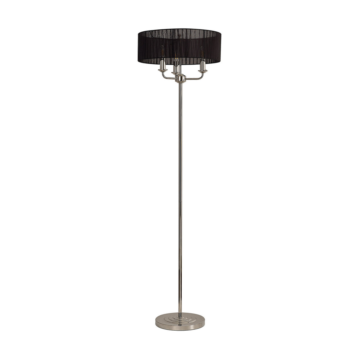 Banyan 3 Light E14 floor lamp with a wide black organza drum shade over a slim polished nickel stem and round base, on a plain white background.