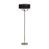 Banyan 3 Light E14 floor lamp with a wide black organza drum shade over a slim polished nickel stem and round base, on a plain white background.