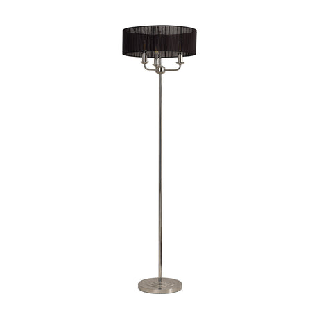 Banyan 3 Light E14 floor lamp with a wide black organza drum shade over a slim polished nickel stem and round base, on a plain white background.
