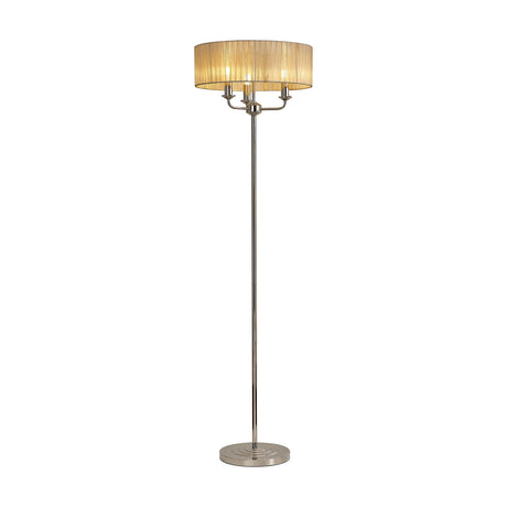 Banyan 3 Light E14 floor lamp with a 45cm soft bronze organza drum shade on a slim polished nickel column and round base, shown on a plain white background.
