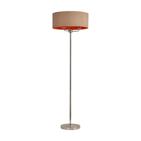 Banyan 3 Light E14 Floor Lamp with a wide antique gold drum shade and orange-red lining atop a polished nickel column and round base, shown on a plain white background.