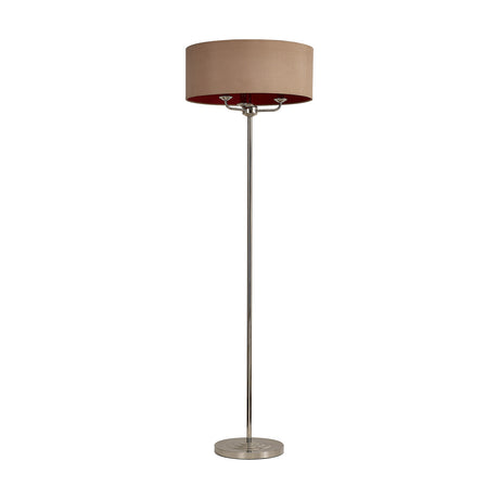 Banyan 3-light E14 floor lamp with a wide antique gold drum shade over a polished nickel column and stepped base, on a plain white background.