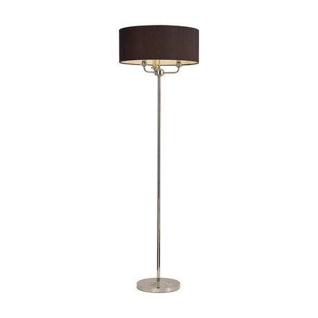 Banyan 3 Light E14 floor lamp with a wide black drum shade on a polished nickel stem and round base, shown on a plain white background.