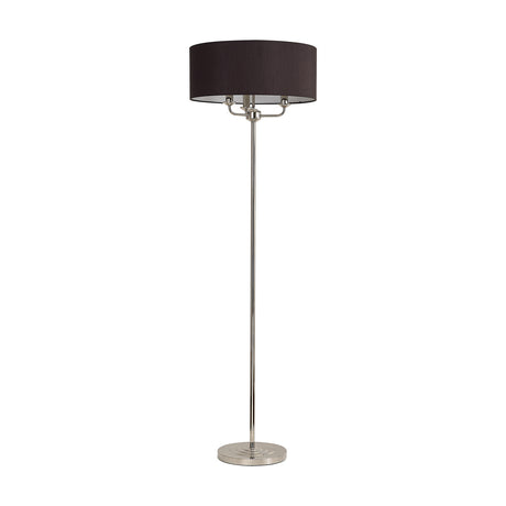 Banyan 3 Light E14 Floor Lamp with black 50cm drum shade on a polished nickel stem and round base, set against a plain white background.