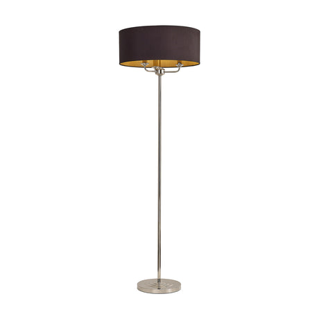 Banyan 3 Light Floor Lamp with a wide midnight black drum shade over three candle lights, polished nickel stem and round base, set against a plain white background.