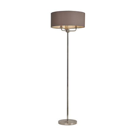 Banyan 3 Light E14 floor lamp with a 50cm grey faux silk drum shade on a slender polished nickel column and round base, shown on a plain white background.