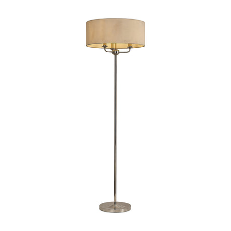 Banyan 3 Light E14 floor lamp with slim polished nickel column, round base, and a broad ivory pearl drum shade, shown on a plain white background.