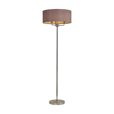 Banyan 3 Light E14 Floor Lamp with a wide taupe faux silk drum shade, gold-lined interior, and a polished nickel stand on a plain white background.