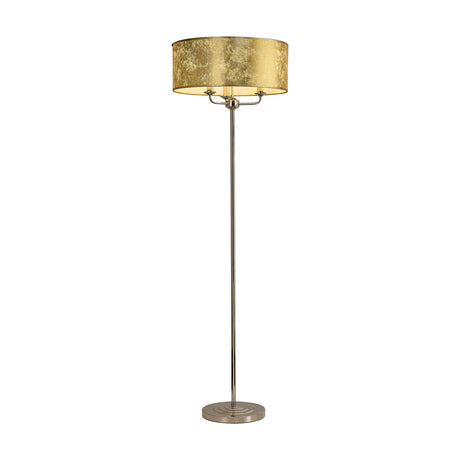 Banyan 3 Light E14 Floor Lamp with a 50cm wide gold foil drum shade on a slender polished nickel stem and round base, shown on a plain white background.