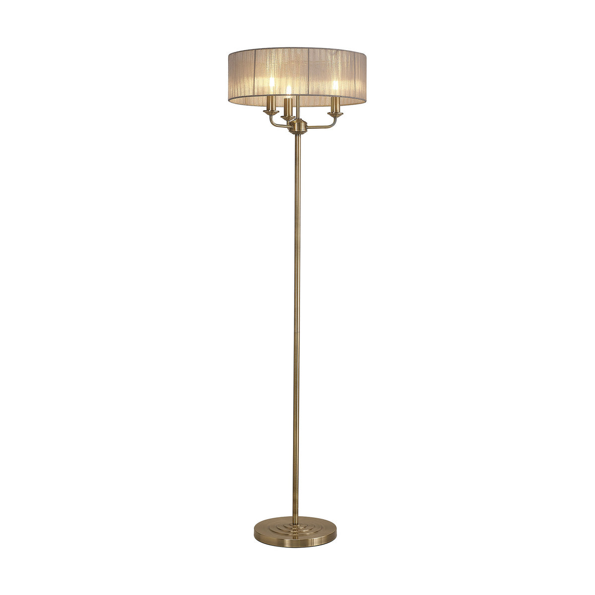 Banyan 3 Light E14 Floor Lamp with a grey gathered organza drum shade on an antique brass stand and round base, shown on a plain white background.