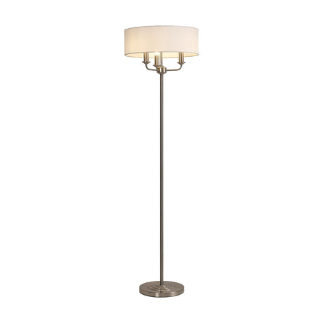 Banyan 3 Light E14 floor lamp with satin nickel stem and base, three candle arms beneath a white fabric drum shade, on a round nickel foot, plain white background.