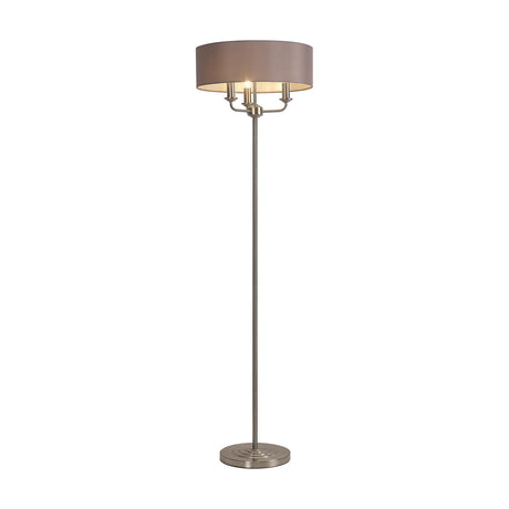 Banyan 3 Light E14 floor lamp with a 45cm grey fabric drum shade on a slim satin nickel column and round weighted base, shown on a plain white background.
