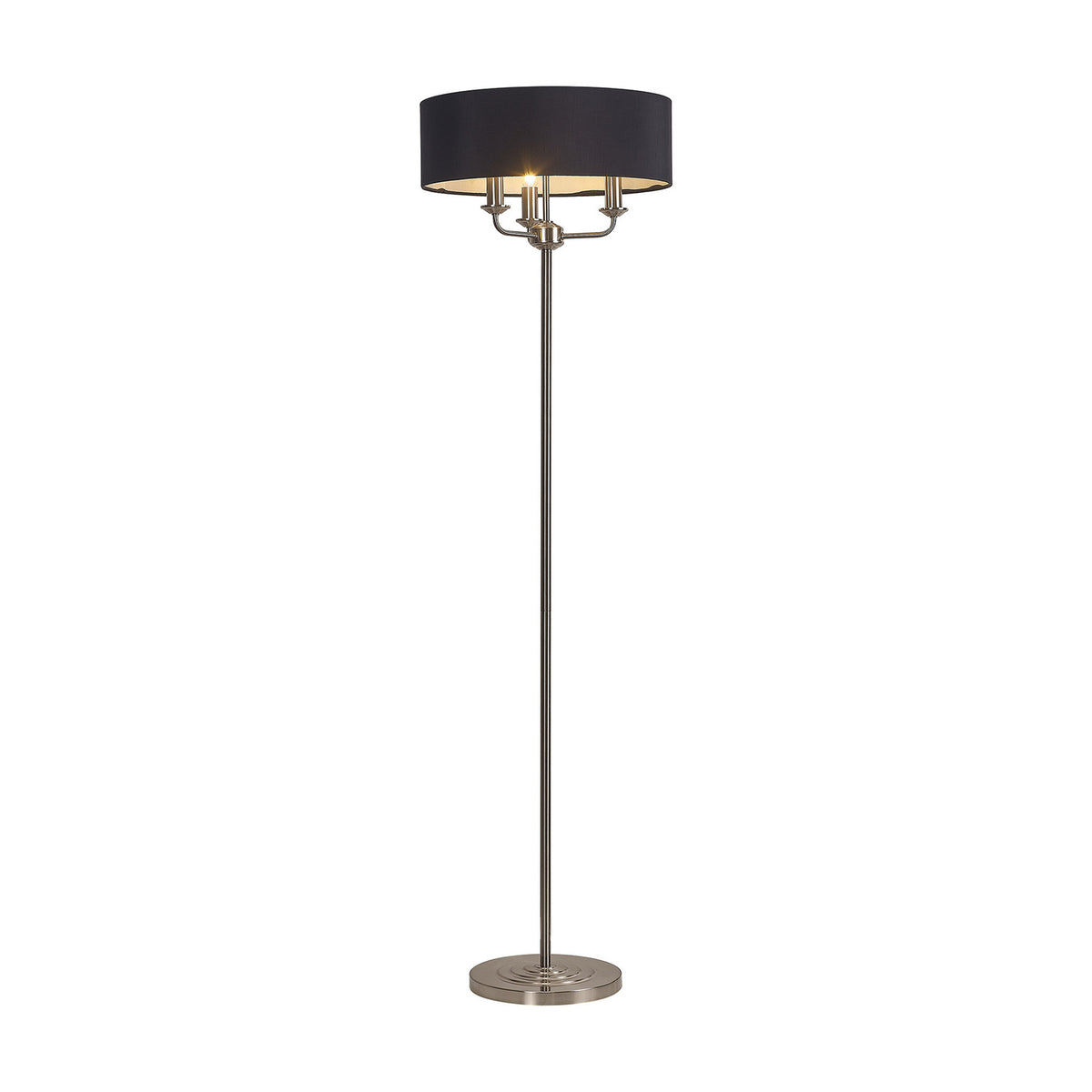 Banyan 3 Light E14 floor lamp with a black faux silk drum shade on a slim satin nickel column and round weighted base, shown on a plain white background.