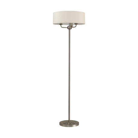 Banyan 3 Light E14 Floor Lamp with a 45cm ivory pearl drum shade on a slim satin nickel stem and round weighted base, shown on a plain white background.