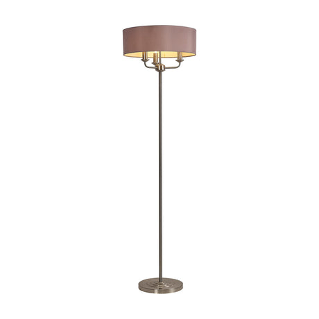 Banyan 3 Light E14 floor lamp with a 45cm taupe faux silk drum shade and gold lining, on a slender satin nickel stem and round base, shown on a plain white background.