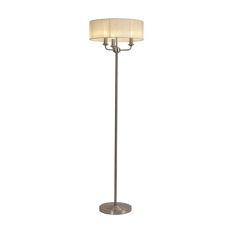 Banyan 3 Light E14 Floor Lamp with a 45cm cream fabric drum shade on a slim satin nickel stem and round weighted base, shown against a plain white background.