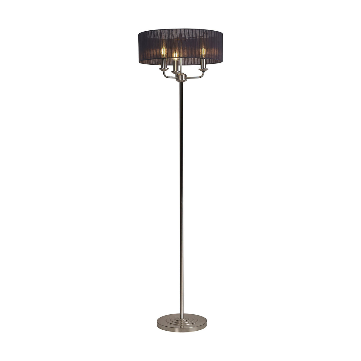 Banyan 3 Light E14 floor lamp with slim satin nickel stem, round base, and a wide black organza drum shade revealing three candle bulbs, shown on a white background.