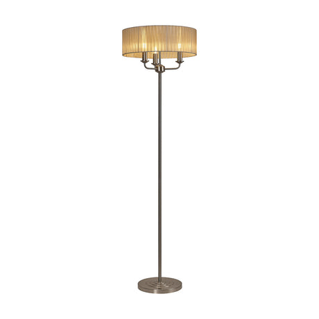 Banyan 3 Light E14 Floor Lamp with wide soft bronze fabric drum shade on a slim satin nickel stem and round base, shown on a plain white background.