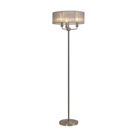 Banyan 3 Light E14 floor lamp with a wide grey organza drum shade on a slender satin nickel stem and stepped round base, shown on a plain white background.