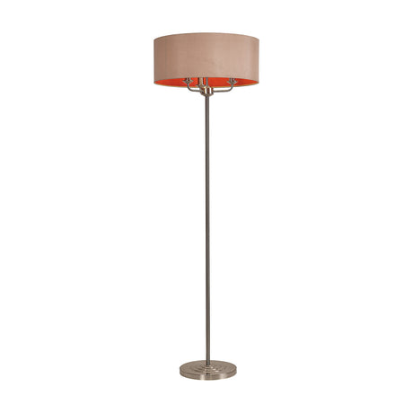 Banyan 3 Light E14 Floor Lamp with satin nickel and antique gold stem, three-arm candle fitting, and a wide taupe drum shade on a round base, shown on a white background.