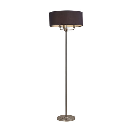 Banyan 3 Light E14 Floor Lamp with black faux silk drum shade on a slim satin nickel column and weighted circular base, shown on a plain white background.
