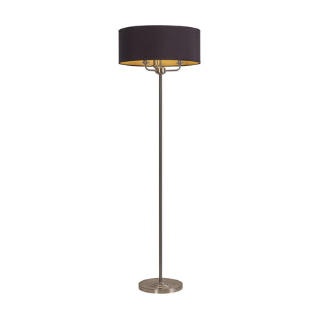 Banyan 3 Light Floor Lamp with a midnight black fabric drum shade on a slender satin nickel stem and round weighted base, shown on a plain white background.