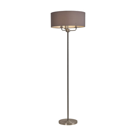 Banyan 3 Light E14 Floor Lamp with slim satin nickel column, round weighted base, and grey faux silk drum shade, shown on a plain white background.