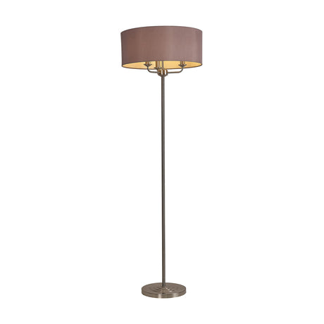 Banyan 3 Light E14 Floor Lamp with slim satin nickel stem, round base, and wide taupe fabric drum shade, shown on a plain white background.