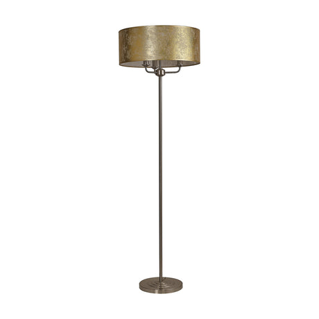 Banyan 3 Light E14 Floor Lamp with a wide gold foil drum shade on a slender satin nickel stem and round base, shown on a plain white background.