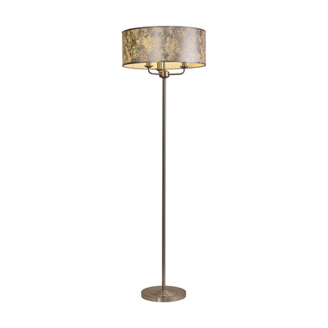 Banyan 3 Light E14 Floor Lamp with a wide silver foil drum shade atop a slim satin nickel column, shown on a plain white background.
