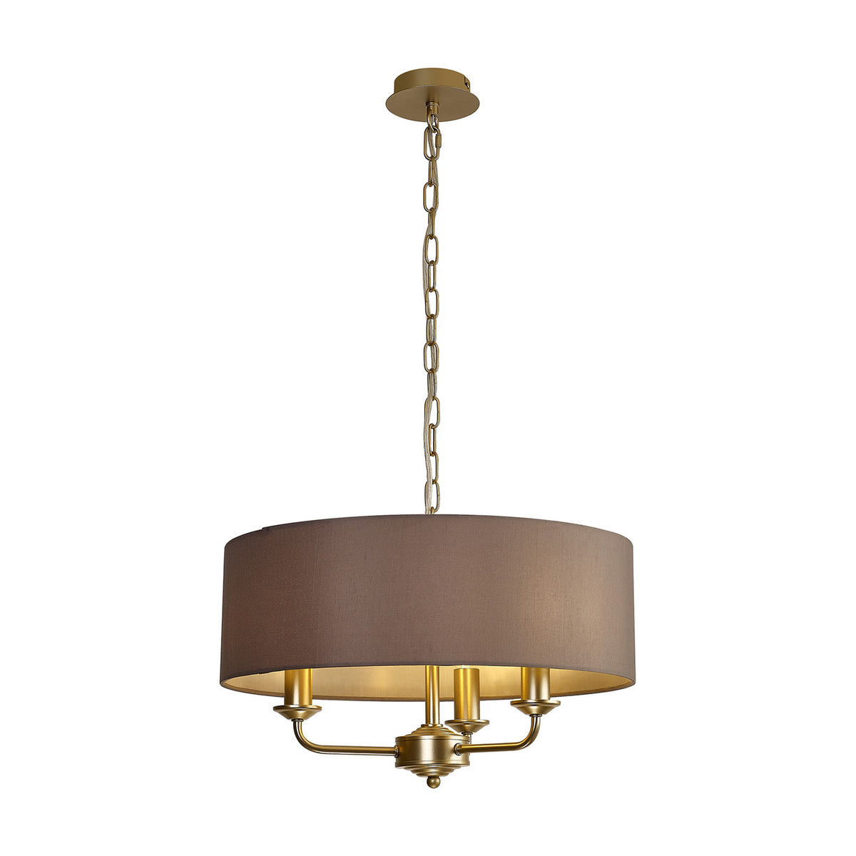 Banyan 3 Light E14 Pendant Light with a grey fabric drum shade on three champagne gold arms and chain suspension, shown on a plain white background.