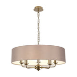 Banyan 5 Light E14 Pendant Light with grey faux silk drum shade and champagne gold candle arms and chain, shown on a plain white background.