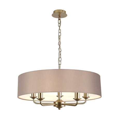 Banyan 5 Light E14 Pendant Light with grey faux silk drum shade and champagne gold candle arms and chain, shown on a plain white background.