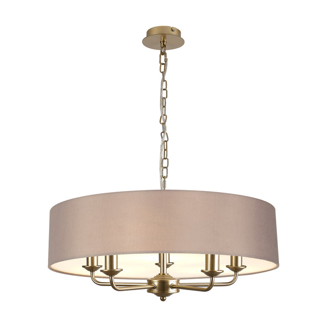 Banyan 5 Light E14 Pendant Light with grey faux silk drum shade and champagne gold candle arms and chain, shown on a plain white background.