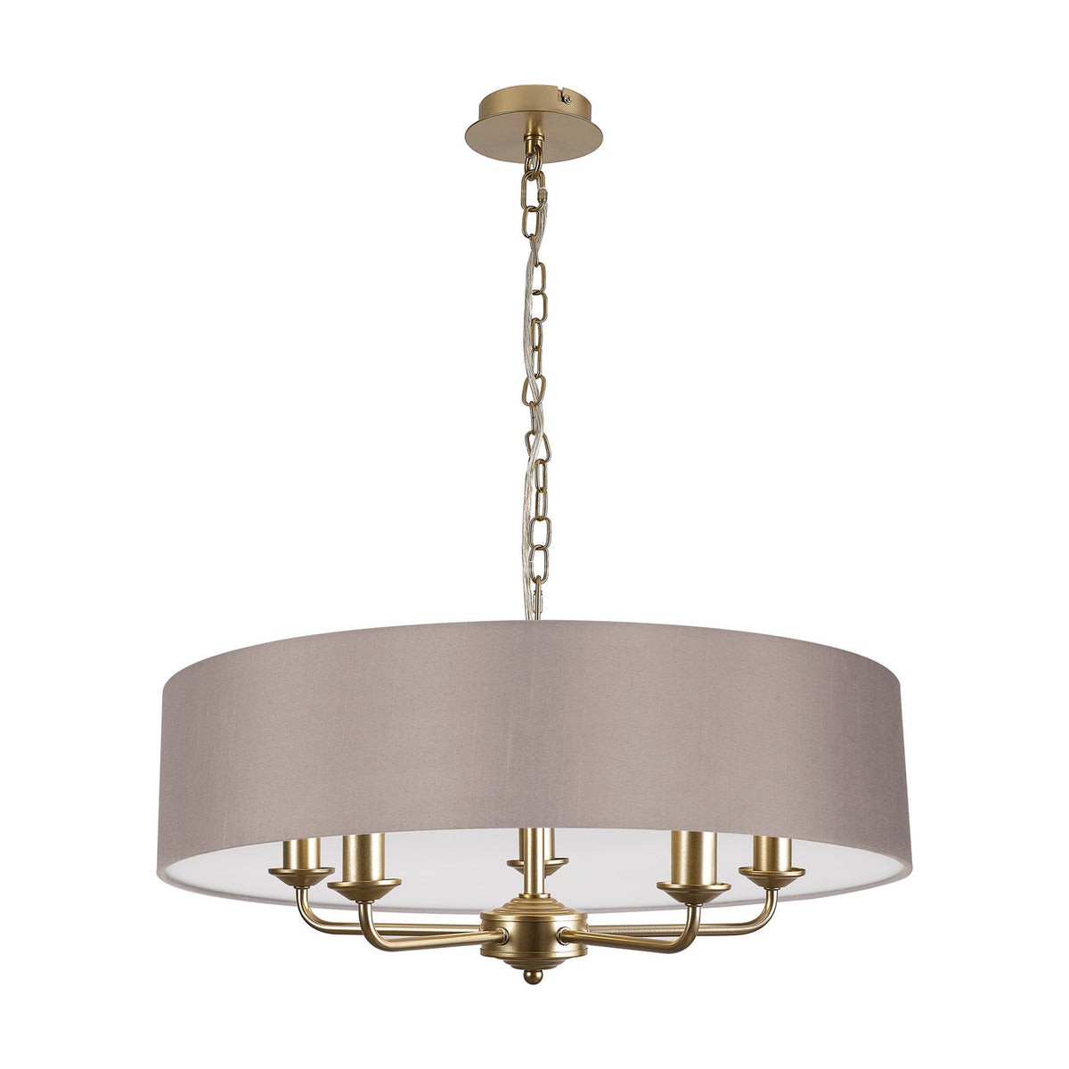 Banyan 5 Light E14 Pendant Light 60cm, a grey faux-silk drum shade on champagne gold arms with five candle lamps, hung from a chain against a plain white background.