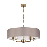 Banyan 5 Light E14 Pendant Light 60cm, a grey faux-silk drum shade on champagne gold arms with five candle lamps, hung from a chain against a plain white background.