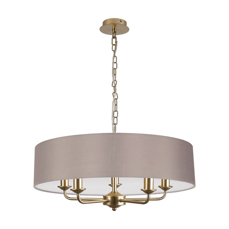Banyan 5 Light E14 Pendant Light 60cm, a grey faux-silk drum shade on champagne gold arms with five candle lamps, hung from a chain against a plain white background.