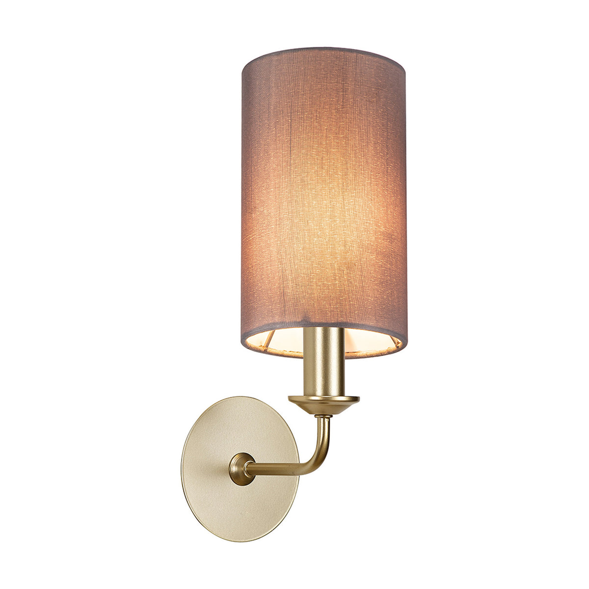 Banyan E14 wall light with a cylindrical grey fabric shade on a champagne gold curved arm and round wall backplate, shown on a plain white background.