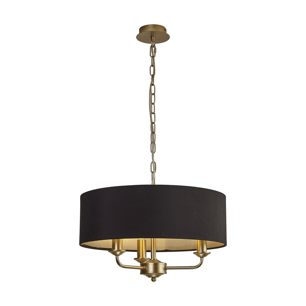 Banyan 3 Light E14 pendant light with a 45cm black faux silk drum shade, champagne gold chain and candle arms, shown on a plain white background.