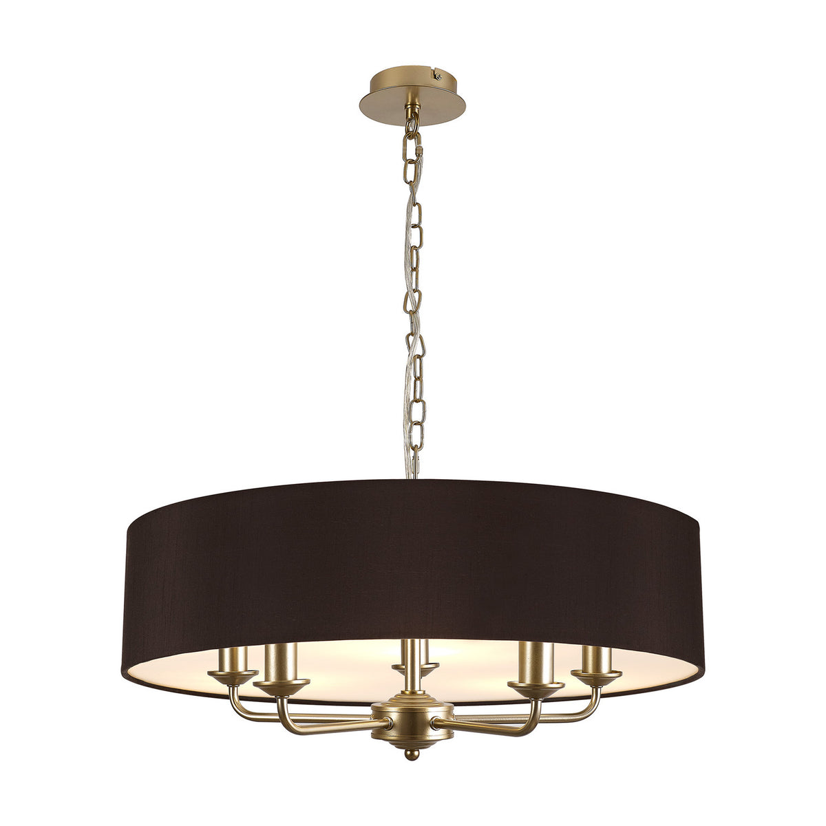 Banyan 5 Light E14 Pendant Light in champagne gold, with five curved arms beneath a wide black fabric drum shade, suspended from a chain on a plain white background.