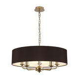 Banyan 5 Light E14 Pendant Light in champagne gold, with five curved arms beneath a wide black fabric drum shade, suspended from a chain on a plain white background.