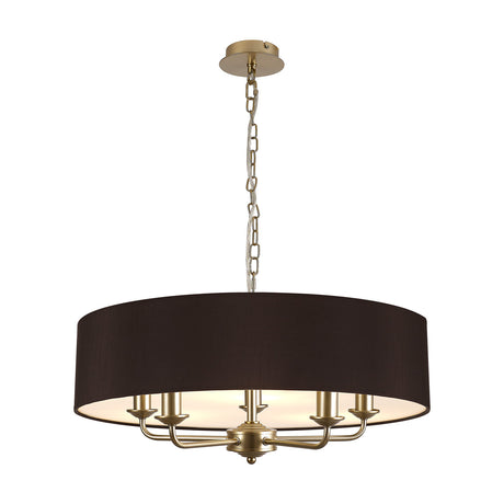 Banyan 5 Light E14 Pendant Light in champagne gold, with five curved arms beneath a wide black fabric drum shade, suspended from a chain on a plain white background.