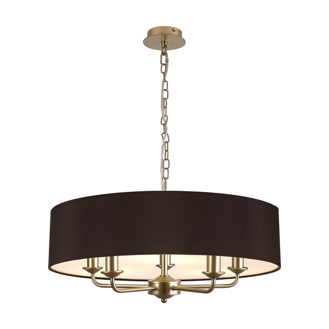 Banyan 5 Light E14 Pendant Light in champagne gold, with five curved arms beneath a wide black fabric drum shade, suspended from a chain on a plain white background.