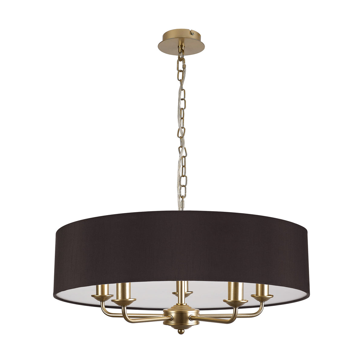 Banyan 5 Light E14 Pendant Light, a 60cm black fabric drum shade on five curved champagne gold arms with candle-style fittings, shown on a plain white background.