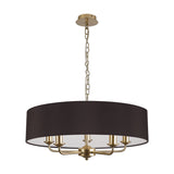 Banyan 5 Light E14 Pendant Light, a 60cm black fabric drum shade on five curved champagne gold arms with candle-style fittings, shown on a plain white background.