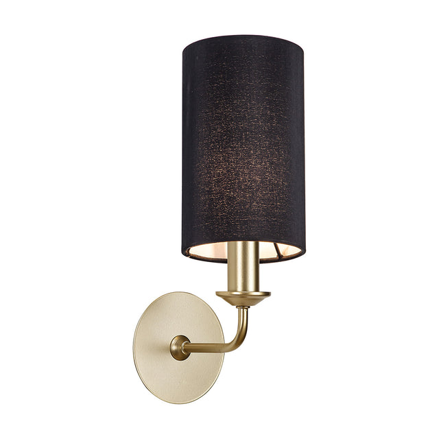 Banyan E14 wall light with a cylindrical black faux silk shade and a curved champagne gold arm and round wall bracket, shown on a plain white background.