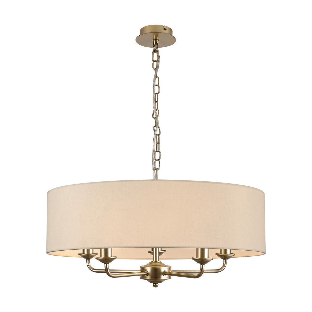 Banyan 5 Light Pendant in champagne gold with an ivory pearl faux silk drum shade, 60cm, five candle-style arms on a chain suspension, shown on a plain white background.