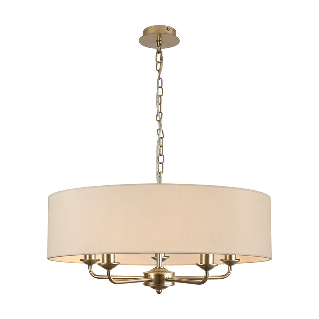 Banyan 5 Light Pendant in champagne gold with an ivory pearl faux silk drum shade, 60cm, five candle-style arms on a chain suspension, shown on a plain white background.